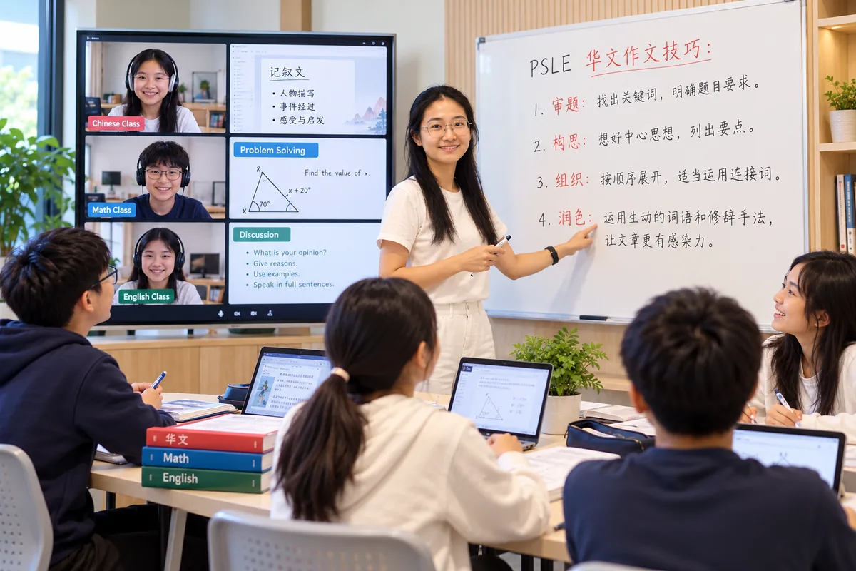 Classroom teaching alongside a screen showing online Chinese, Math and English lessons